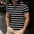 Men's Black White Striped Short Sleeve Polo Shirt Zipper Lapel Casual 3D Print Tee - S / XT-8814