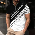 Men's short sleeve half zip polo shirt, stylish black and white geometric 3d print casual top. - S / Tops / XT-8816