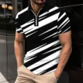 Men's short sleeve polo shirt black white abstract print zipper collar casual top variant - S / Tops / XT-8817