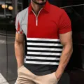 Mens short sleeve polo shirt casual 3d printed lapel quarter zip color block summer top - S / Tops / XT-8819