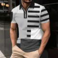 Men's short sleeve polo shirt with black and white geometric 3d print and zipper lapel casual. - S / Tops / XT-8822