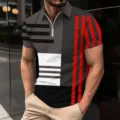 Men's short sleeve polo shirt with zipper lapel and modern 3d geometric stripe print style. - S / Tops / XT8823