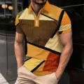 Men's geometric 3D print short sleeve half zip polo shirt casual streetwear top - S / Tops / XT8824
