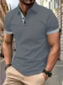 Men's casual short sleeve polo shirt, solid grey with white contrast lapel and cuffs. - S / G32P409