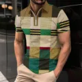 Mens short sleeve half zip polo shirt with trendy 3D plaid print casual summer top. - S / Tops / XT8827