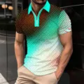 Stylish Men 3D Halftone Print Half Zip Polo Shirt Casual Short Sleeve Cyan Top New - S / Tops / XT8829