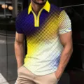 Men's short sleeve half zip polo shirt with yellow collar and 3D blue yellow gradient dot print. - S / XT8831