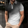 Men's 3D digital print short sleeve lapel polo shirt, casual zip front trendy apparel. - S / XT8832