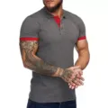 Men's casual short sleeve polo shirt with contrast color lapel and cuffs, grey top. - 3XL / Tops / G32P459