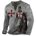 Men's vintage long sleeve Henley t-shirt featuring 3d templar knight graphic print. - 3XL / Tops / Grey Medieval Knight Style (HJ-10095)