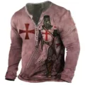 Men's vintage Templar knight 3D print long sleeve Henley T-shirt with retro style. - 3XL / Tops / Dark Red Distressed Knight Style (HJ-10094)