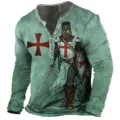 Men's vintage medieval Templar knight 3D print long sleeve Henley t-shirt casual top. - 3XL / Tops / Vintage Grand Cross Knight Style (HJ-10093)