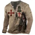 Close-up detail of the Templar Knight 3D printed long sleeve Henley shirt with red cross. - S / Tops / Vintage Distressed Knight Style (CX7KouLion-05)