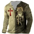 Men's 3D Lion Knight Print Long Sleeve Henley Shirt Casual Tee Top Regular Fit - S / Tops / Knight and Lion Warrior Style (CX7KouLion-03)