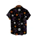 Halloween short sleeve Hawaiian shirt detail showing black cat and skull 3D print pattern - HJCS-2339