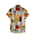 Halloween 3D print Hawaiian shirt with pumpkin and black cat design for festive beach wear. - HJCS-2341