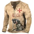 Men's vintage medieval Templar knight long sleeve Henley t-shirt with 3D print graphic. - S / Tops / Red Cross Templar Style (CX7KouLion-04)