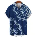 Men's loose short sleeve casual shirt featuring stylish blue and white tropical plant print. - S / Tops / CSM-0357