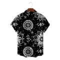 Mens black short sleeve shirt with white ethnic geometric mandala print vintage casual top - CSFG-0039