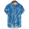 Men's blue botanical print short sleeve shirt casual loose summer holiday button up top. - S / Tops / CSM-0358