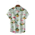 Detailed view of the summer tropical flamingo and pineapple print short sleeve Hawaiian shirt. - S / Tops / Light Green Flamingo (CSDW-0147)