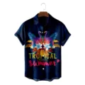 Men tropical flamingo print short sleeve hawaiian shirt detail view summer casual top - S / Tops / Dark Blue Pineapple Flamingo (CSDW-0149)