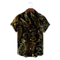 Men's short sleeve shirt black gold vintage ethnic print button down lapel summer top - CSFG-0044