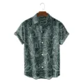 Men's vintage abstract line print short sleeve button down shirt, retro summer casual top. - CSFG-0053