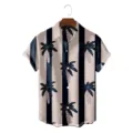 Mens summer casual loose hawaiian shirt with vertical stripes and tropical coconut tree print. - S / Tops / Black White Stripe Blue Coconut Tree (CSZW-1040)