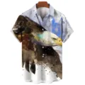 Men's 3D Watercolor Bald Eagle Print Short Sleeve Shirt, Casual Turn-Down Collar Button Up Top - CSM-0428