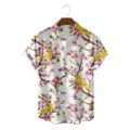 Men's Hawaiian short sleeve shirt casual loose summer cherry blossom bird print button down top - S / Tops / Pink Cherry Blossom Bird (CSDW-0155)