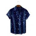 Men's short sleeve button down shirt featuring a retro dark blue ethnic floral print pattern for summer. - CSFG-0057