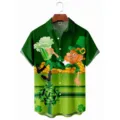 Mens St Patricks Day Hawaiian Shirt Short Sleeve 3D Print Irish Leprechaun Green Button Down Casual Top - LAZB16-24