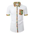 African tribal geometric print pocket and collar detail white short sleeve shirt - 3XL / Tops / White