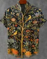 Stylish men's short sleeve mandarin collar shirt featuring vintage botanical bird and tree print. - 3XL / HJ-DXCS-1203-1