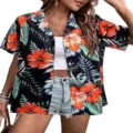 Detailed shot of tropical Hawaiian floral print short sleeve cuban collar shirt for women. - S / Tops / Black Tropical Floral (HJ-0120-M01)