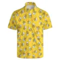 Detail view of men's yellow short sleeve polo shirt featuring allover beer mug graphic print design. - 3XL / Tops / Beer Mug