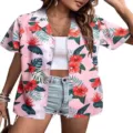 Detailed view of women's tropical floral print summer shirt featuring a chic Cuban collar. - S / Tops / Pink Tropical Floral (HJ-0120-M02)