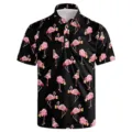 Men's casual short sleeve polo shirt featuring a vibrant pink flamingo and beer print design. - 3XL / Tops / Flamingo