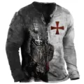 Men long sleeve henley t-shirt vintage medieval knight digital print casual top wear. - S / Tops / Medieval Knight Style (CX7kouLion-091206)