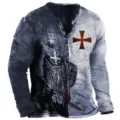 Men's long sleeve henley shirt with vintage knight digital print and buttons detail. - S / Tops / Red Cross Knight Style (CX7kouLion-091207)
