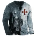 Men's vintage medieval knight graphic long sleeve henley t-shirt with button placket detail. - S / Tops / Gray Vintage Knight Style (CX7kouLion-091204)
