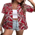 Tropical leaf print short sleeve shirt detail, lightweight summer wear, red floral Cuban collar top - S / Tops / Red Tropical Floral (HJ-0120-M04)