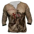 Mens vintage 3d knights templar print henley long sleeve t-shirt casual streetwear - S / Tops / Knights Templar Text Style (CX7kouLion-091201)