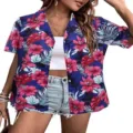 Women's Summer Hawaiian Short Sleeve Shirt Tropical Floral Cuban Collar Casual Vacation Top - S / Tops / Blue Pink Floral (HJ-0120-M05)