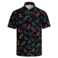 Men's black short sleeve polo shirt featuring a colorful neon dinosaur graphic print casual top. - 3XL / Tops / Neon Dinosaur