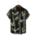 Men's loose short sleeve Hawaiian shirt with vintage Japanese crane and floral print top - S / Tops / Black Gold Crane Floral (CSDW-0162)