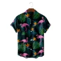 Men's tropical Hawaiian short sleeve shirt with flamingo print, loose summer button down top. - S / Tops / Tropical Plant Flamingo (CSDW-0164)