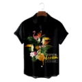 Men's casual black short sleeve Hawaiian shirt with tropical flamingo and toucan print. - S / Tops / Black Background Flamingo and Toucan Tropical Print (CSDW-0167)
