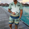 Men summer short sleeve polo shirt and shorts two piece set casual tropical print outfit - 3XL / Top And Bottom / Tropical Palm Blue Yellow Style (HJ-0217-a1)